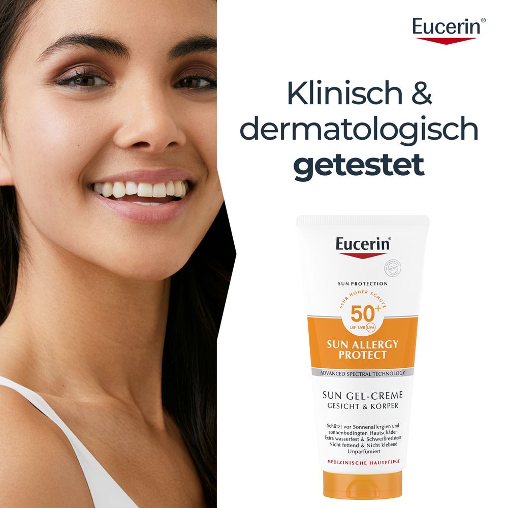 Frau mit Tube. Text: Klinisch & dermatologisch getestet. Eucerin, Sun Allergy Protect, LSF 50+, Sun Gel-Creme Gesicht & Körper.
