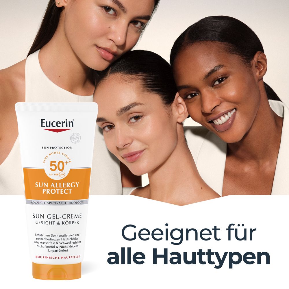 Drei Frauen mit Tube. Text: Geeignet für alle Hauttypen. Eucerin, Sun Allergy Protect, LSF 50+, Sun Gel-Creme Gesicht & Körper.