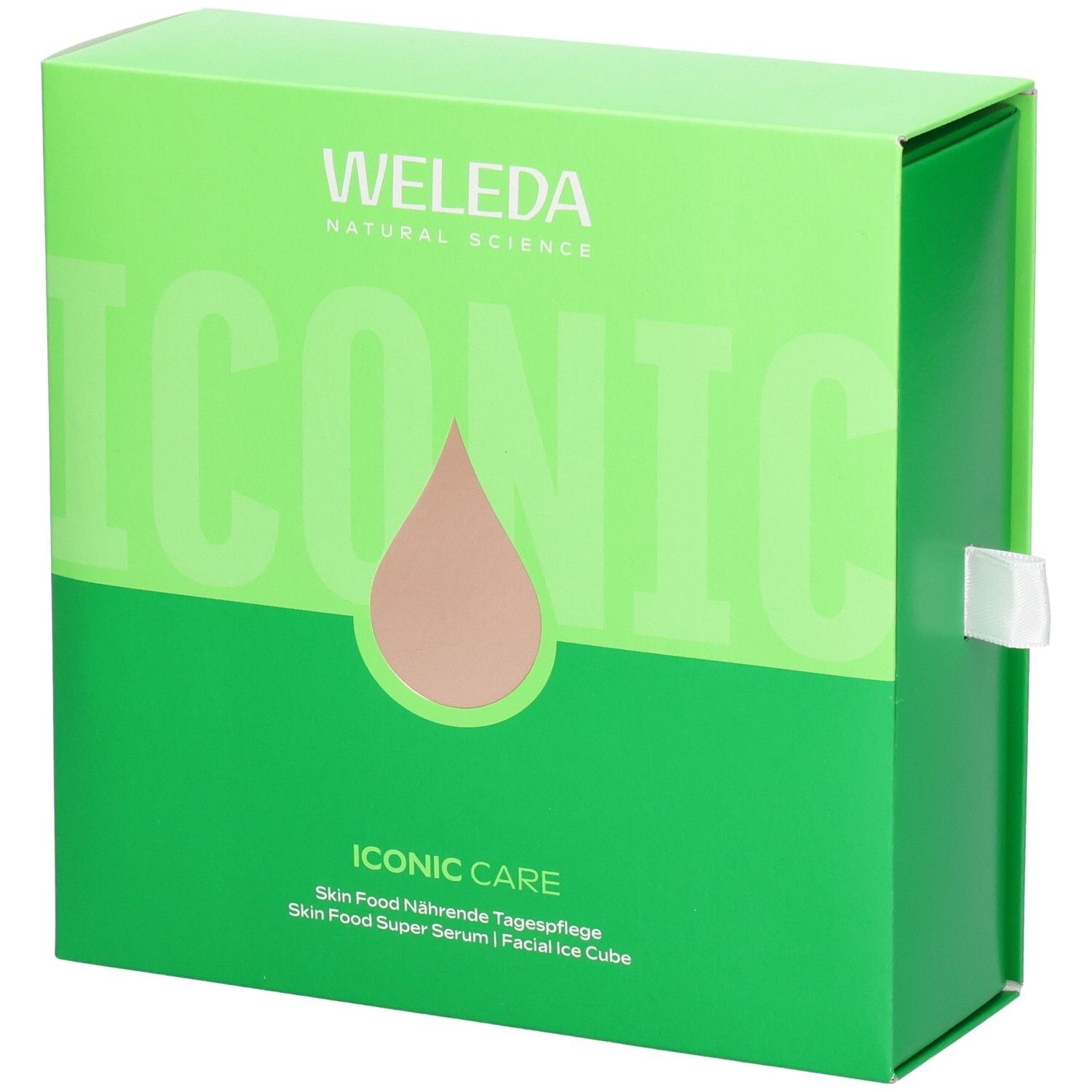 Grüne Geschenkbox mit Aufschrift "ICONIC CARE". Enthält Tagespflege, Serum und Facial Ice Cube. Marke: WELEDA.