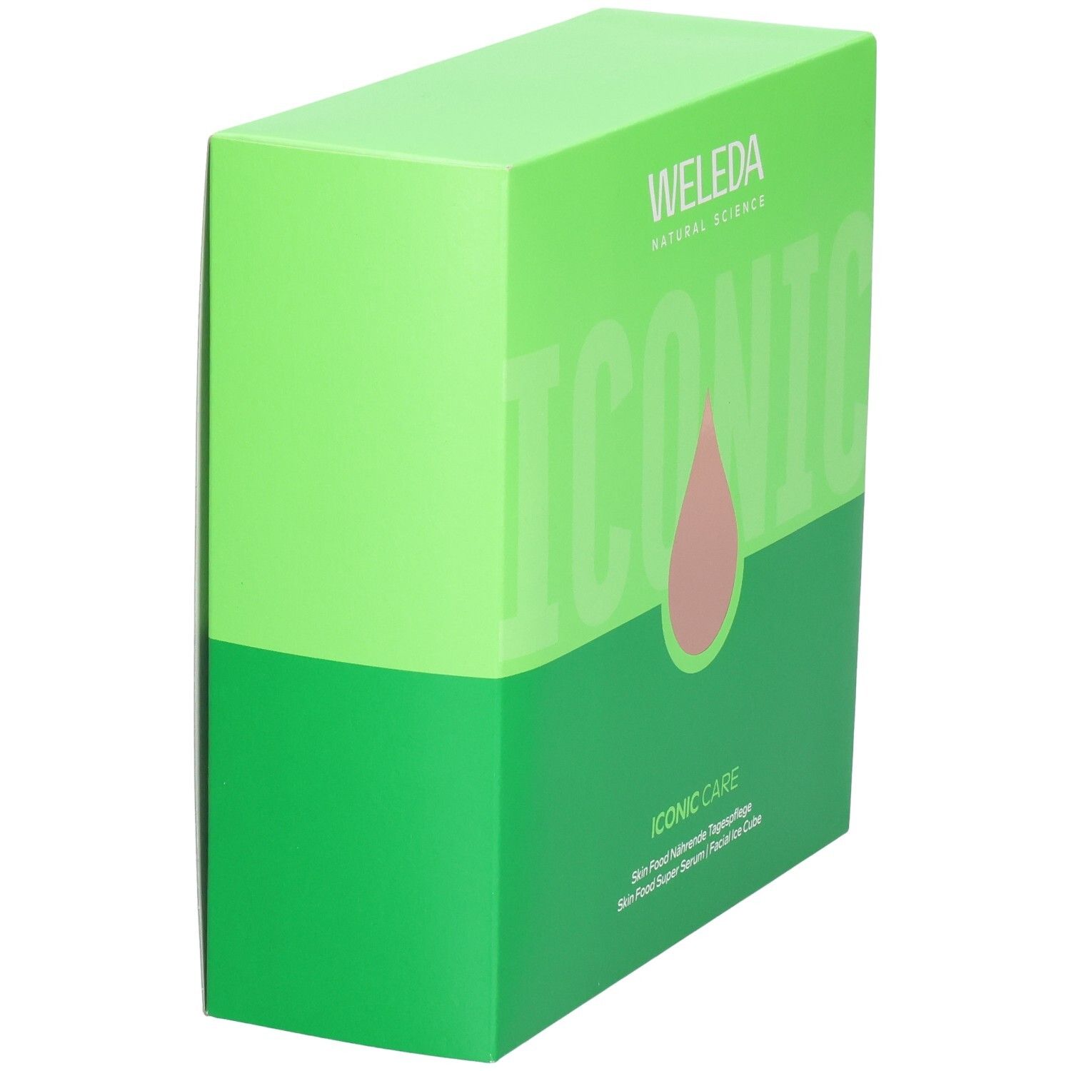 Grüne Geschenkbox, zweifarbig. Aufschrift "ICONIC CARE". Marke: WELEDA. Enthält Tagespflege, Serum und Facial Ice Cube.