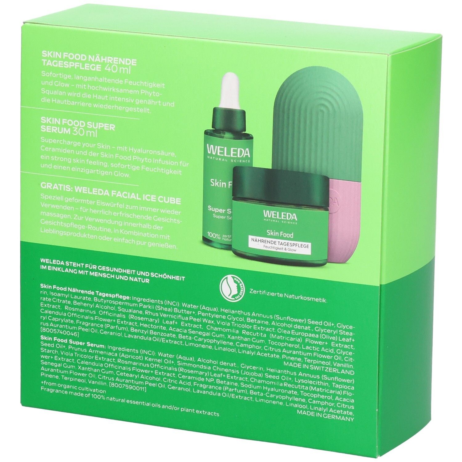 Rückseite der Geschenkbox. Enthält Tagespflege, Serum und Facial Ice Cube. Marke: WELEDA. Inhaltsstoffe und Zertifizierung.