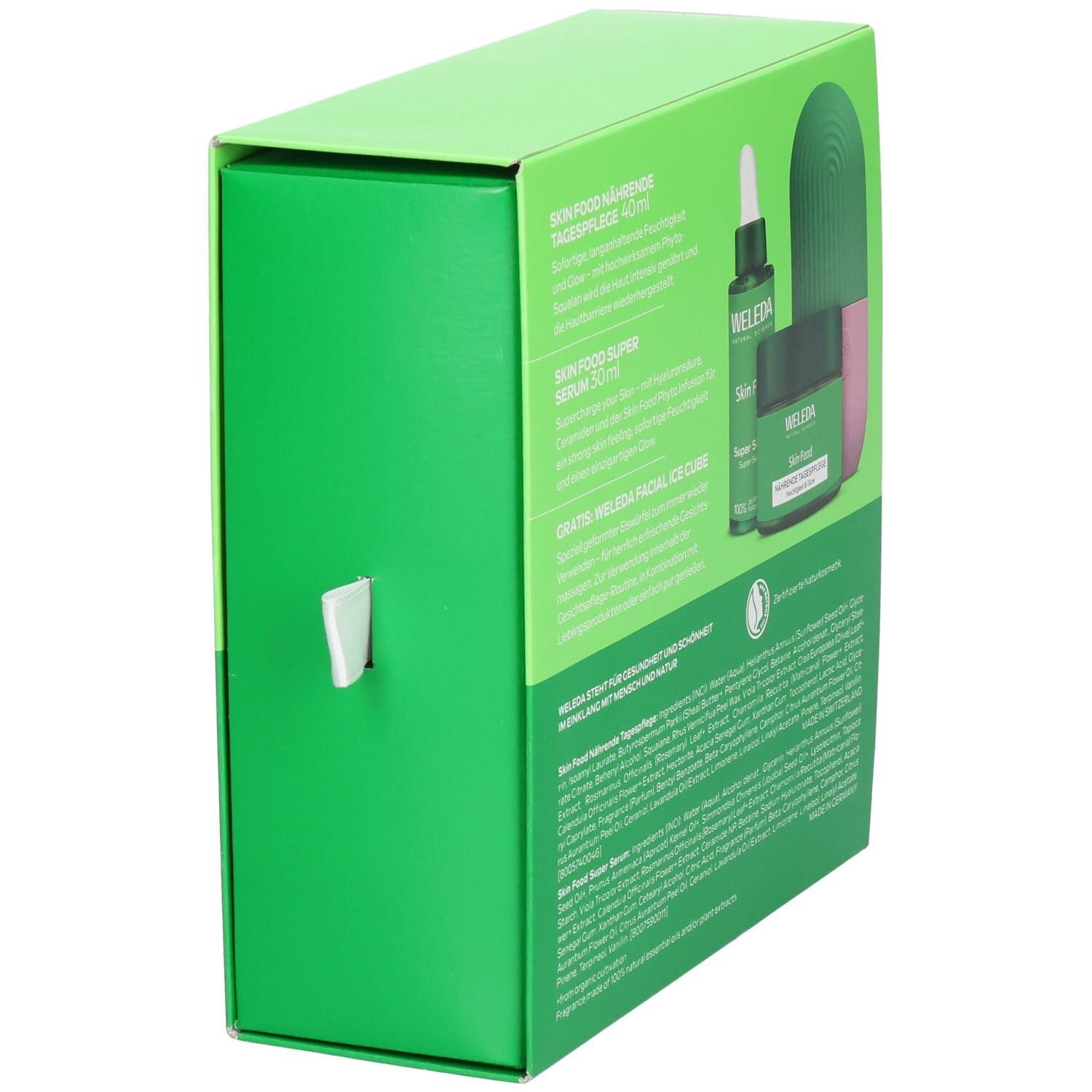 Geschenkbox, schräg. Enthält Tagespflege, Serum und Facial Ice Cube. Marke: WELEDA. Text und Produktabbildungen.