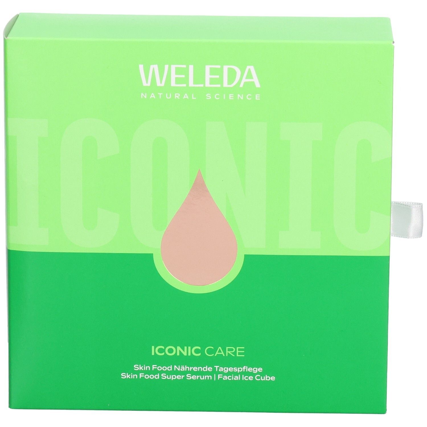 Grüne Geschenkbox mit Aufschrift "ICONIC CARE". Marke: WELEDA. Enthält Tagespflege, Serum und Facial Ice Cube.