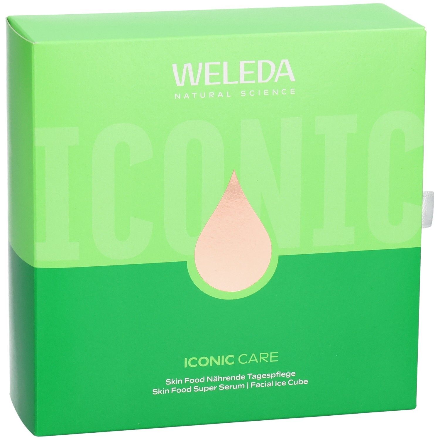 Grüne Geschenkbox mit Aufschrift "ICONIC CARE". Marke: WELEDA. Enthält Tagespflege, Serum und Facial Ice Cube.