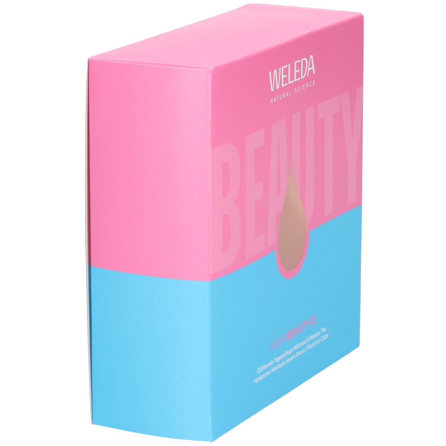 Geschenkset-Box, zweifarbig: Pink und Blau. Aufschrift: WELEDA, BEAUTY. Tropfen-Symbol. Seitenansicht.