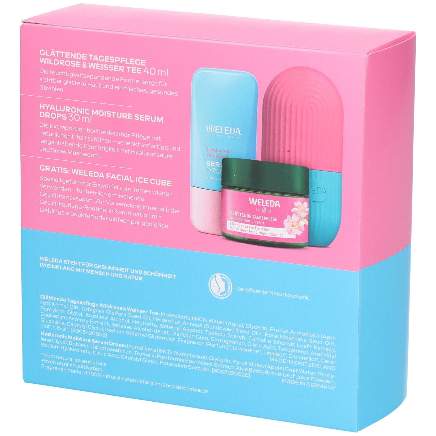 Rückseite der Geschenkset-Box. Produkte: Tagespflege, Serum Drops, Gesichts-Eiswürfel. Aufschrift: WELEDA. Inhaltsstoffe und Zertifizierung.