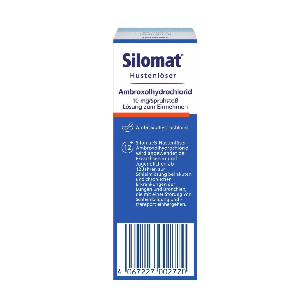 Rückseite der Silomat® Hustenlöser Spray Faltschachtel mit Barcode und Anwendungsinformationen.
