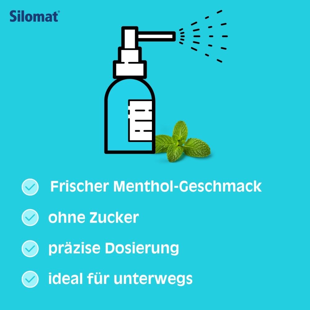 Silomat® Hustenlöser Spray: Frischer Menthol-Geschmack, ohne Zucker, präzise Dosierung.