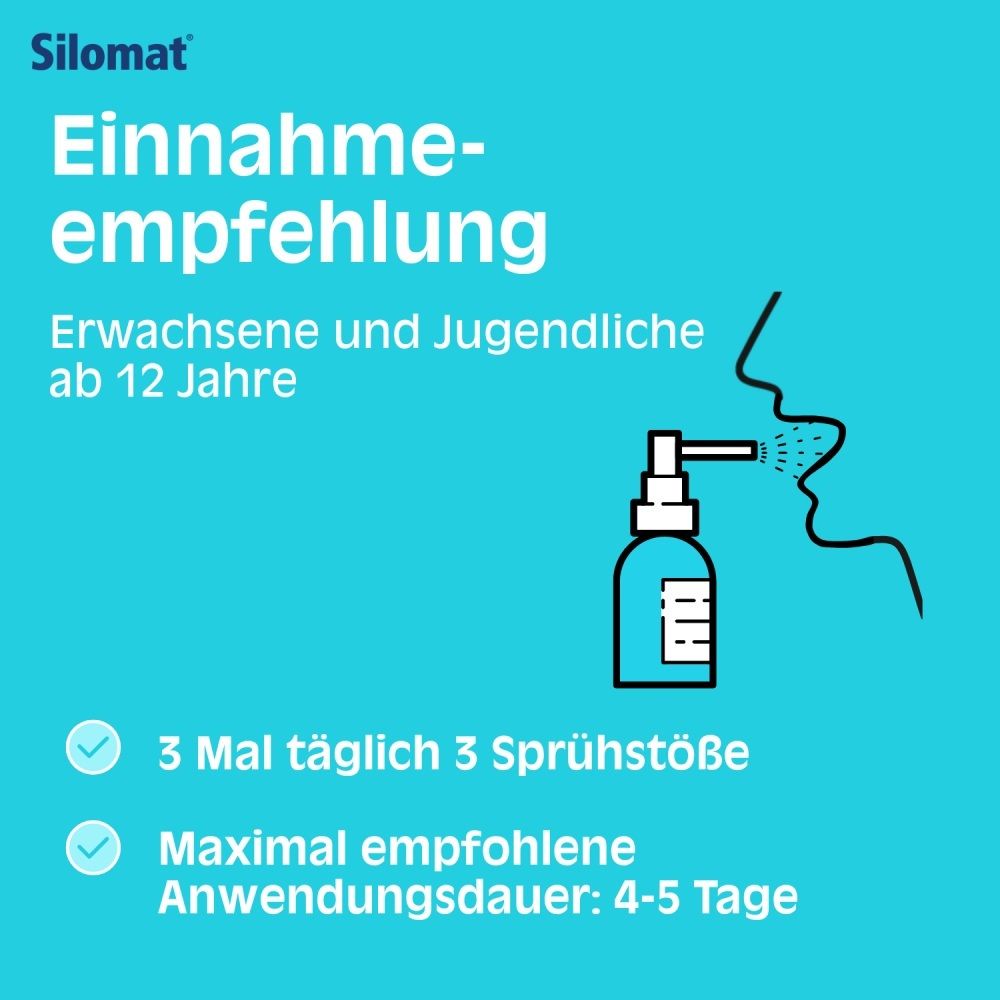 Einnahmeempfehlung für Silomat® Hustenlöser Spray: Erwachsene und Jugendliche ab 12 Jahre.