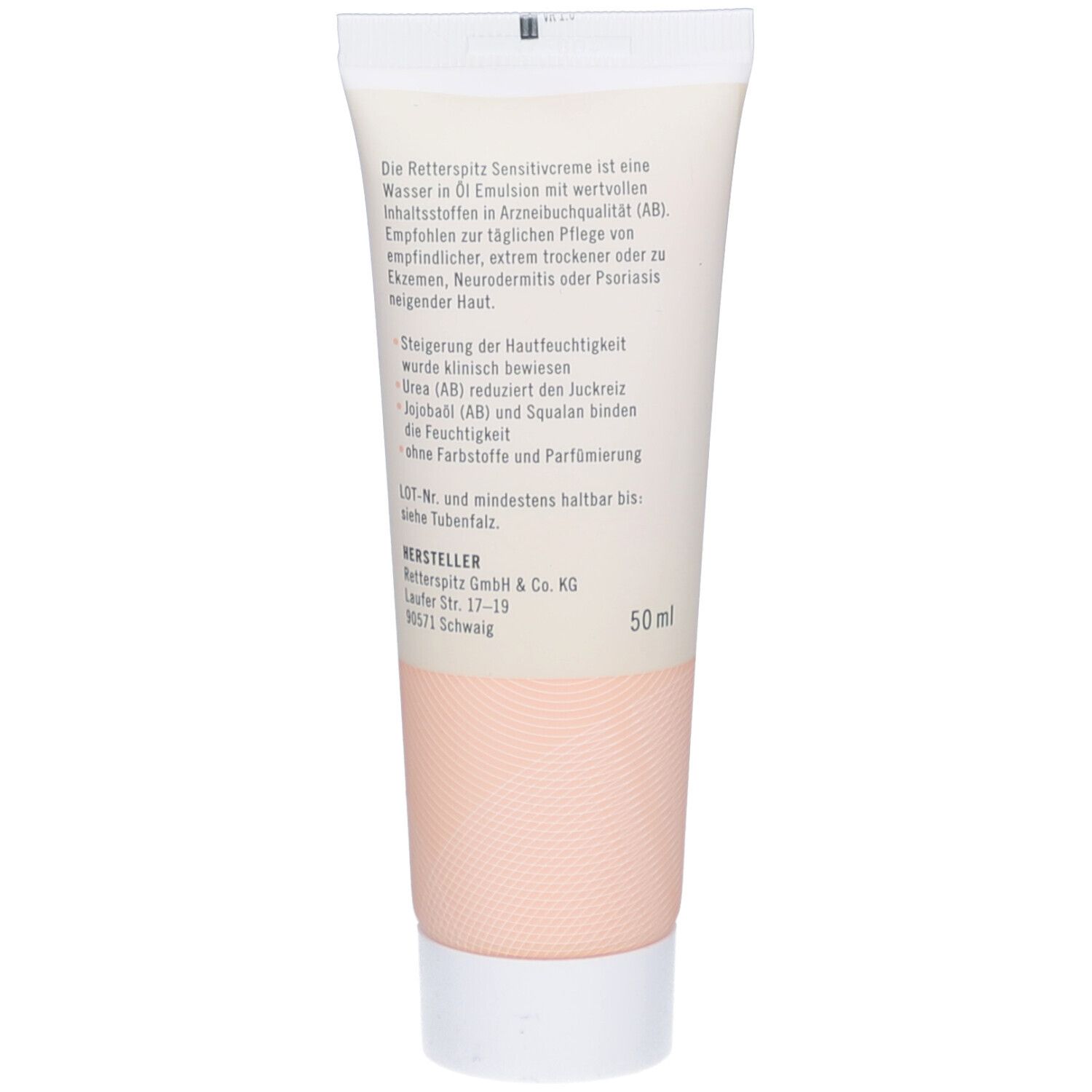 Rückseite der Creme-Tube. Textinformationen zur Zusammensetzung und Anwendung. Aufschrift: 50ml.