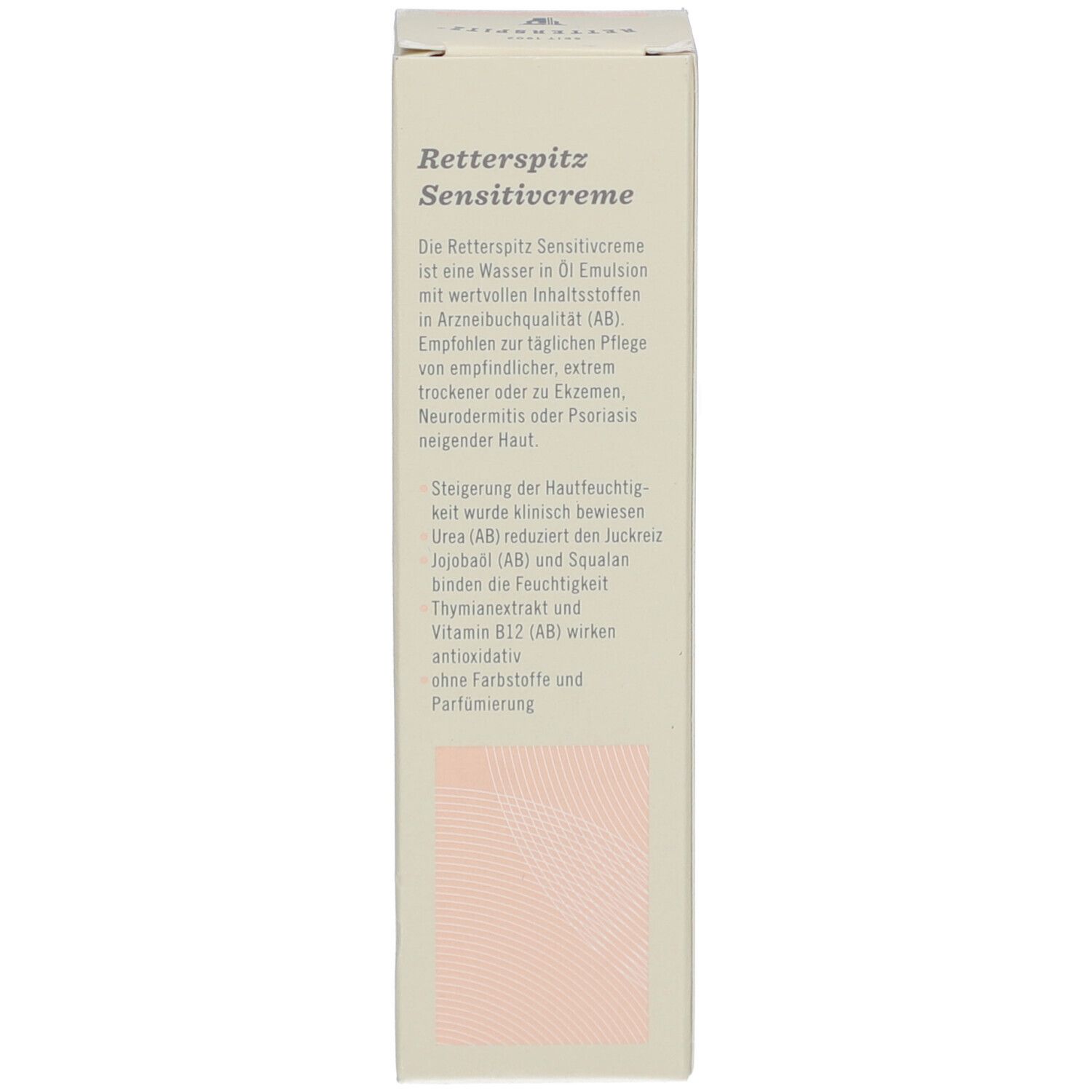 Seite der Kartonverpackung. Textinformationen zur Zusammensetzung und Anwendung. Farbgebung: Weiß und Beige.