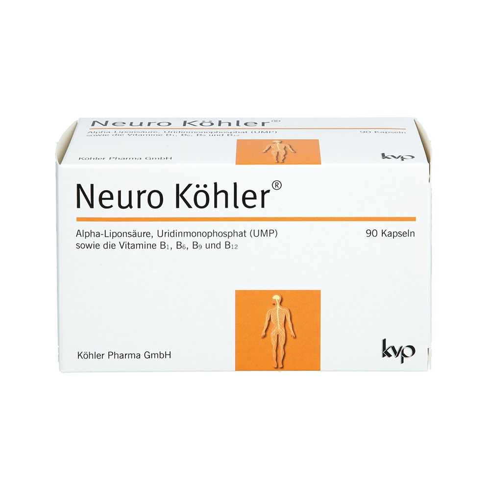 Verpackung von Neuro Köhler Kapseln mit 90 Kapseln, Alpha-Liponsäure und B-Vitaminen.