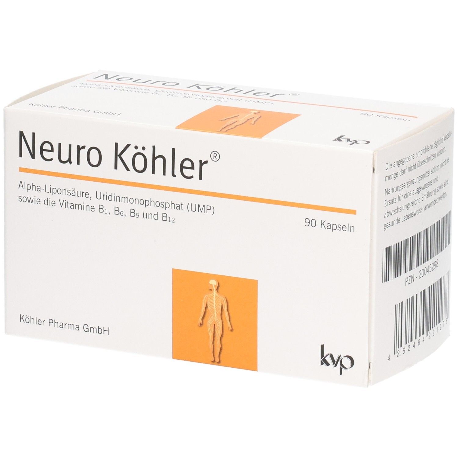 Weiße Schachtel mit Aufschrift Neuro Köhler®, 90 Kapseln. Enthält Alpha-Liponsäure, UMP und Vitamine B.