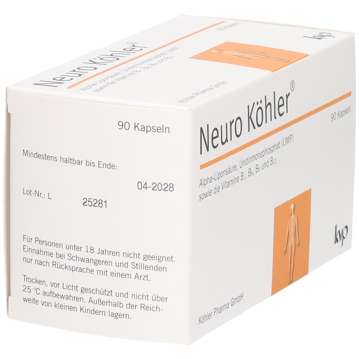 Weiße Schachtel Neuro Köhler® mit Aufdruck. Enthält 90 Kapseln. Mindestens haltbar bis 04-2028. KVP Logo.