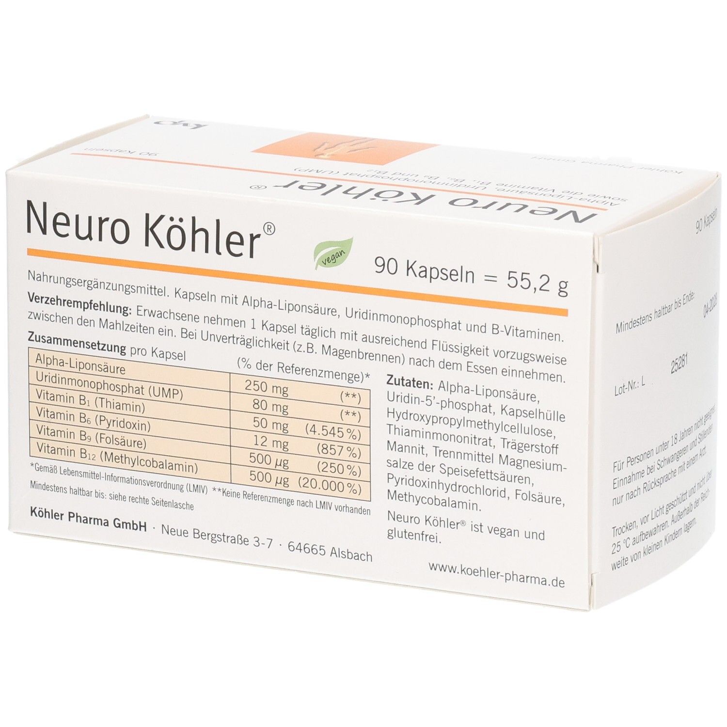 Rückseite der Schachtel Neuro Köhler® mit Inhaltsangaben. 90 Kapseln = 55,2 g. Enthält Alpha-Liponsäure, UMP und Vitamine B.