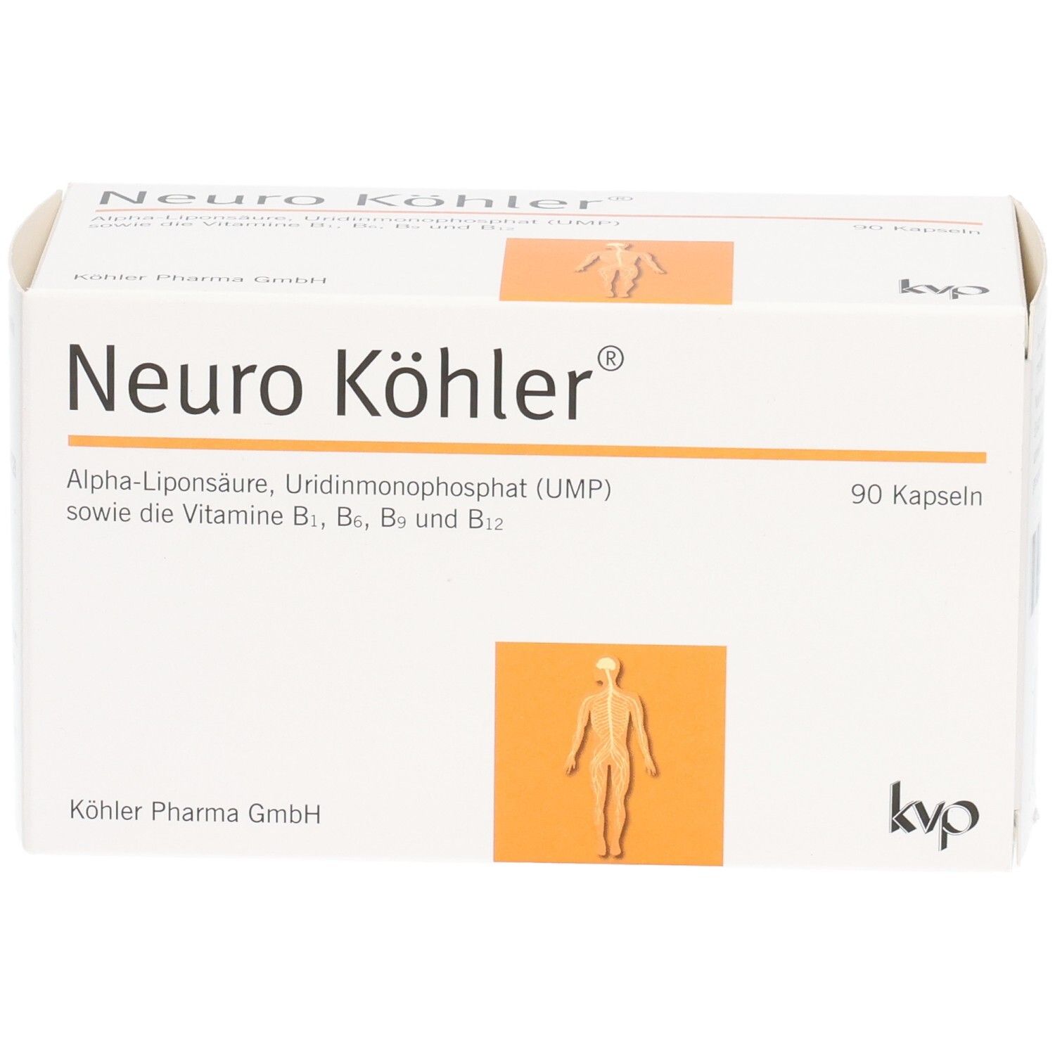 Weiße Schachtel Neuro Köhler®, 90 Kapseln. Enthält Alpha-Liponsäure, UMP und Vitamine B. KVP Logo.