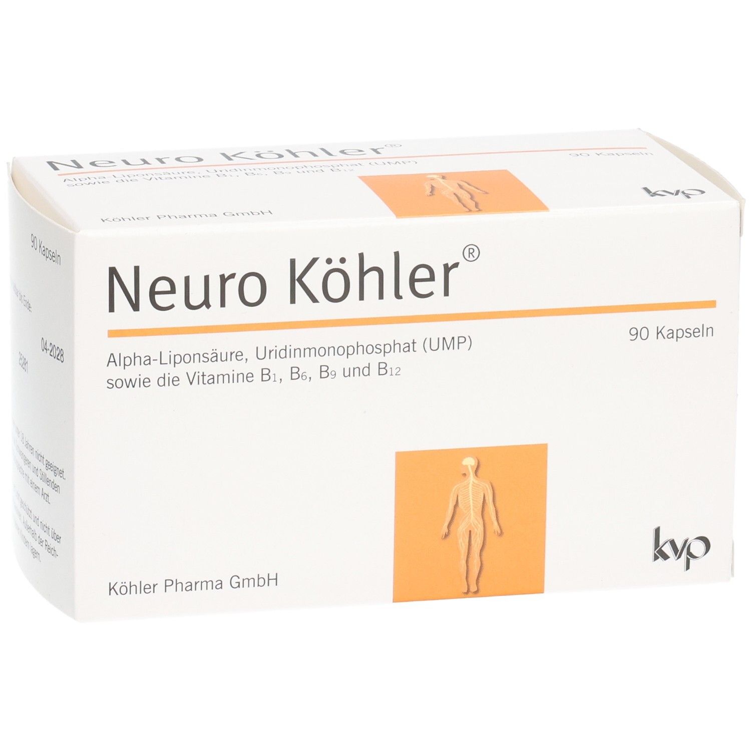 Weiße Schachtel Neuro Köhler®, 90 Kapseln. Enthält Alpha-Liponsäure, UMP und Vitamine B. KVP Logo.