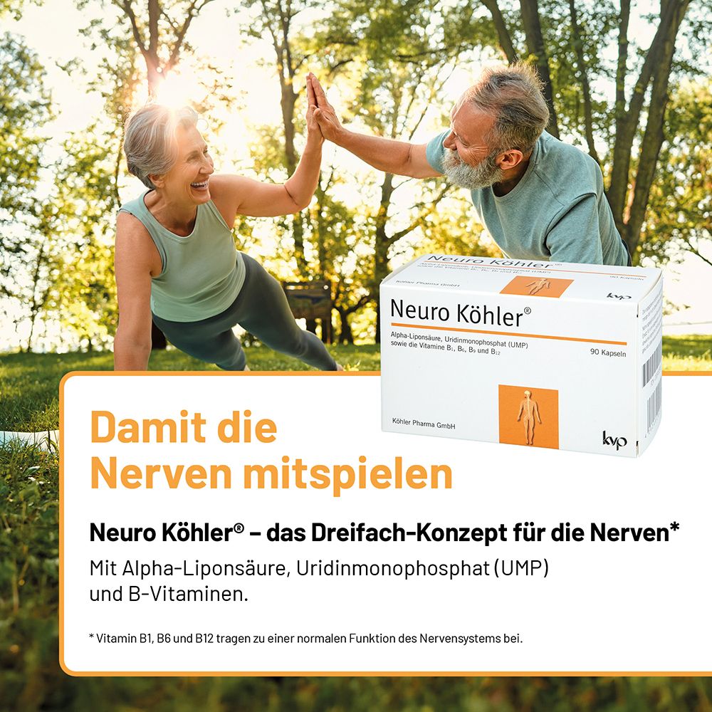 Verpackung Neuro Köhler Kapseln neben einem älteren Paar beim Sport im Freien.