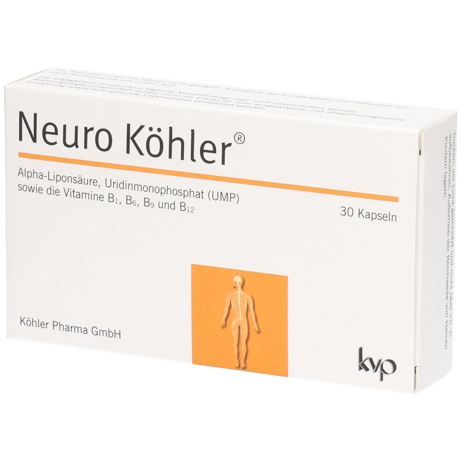 Weiße Schachtel mit Aufschrift Neuro Köhler, 30 Kapseln. Enthält Alpha-Liponsäure, UMP und Vitamine B.