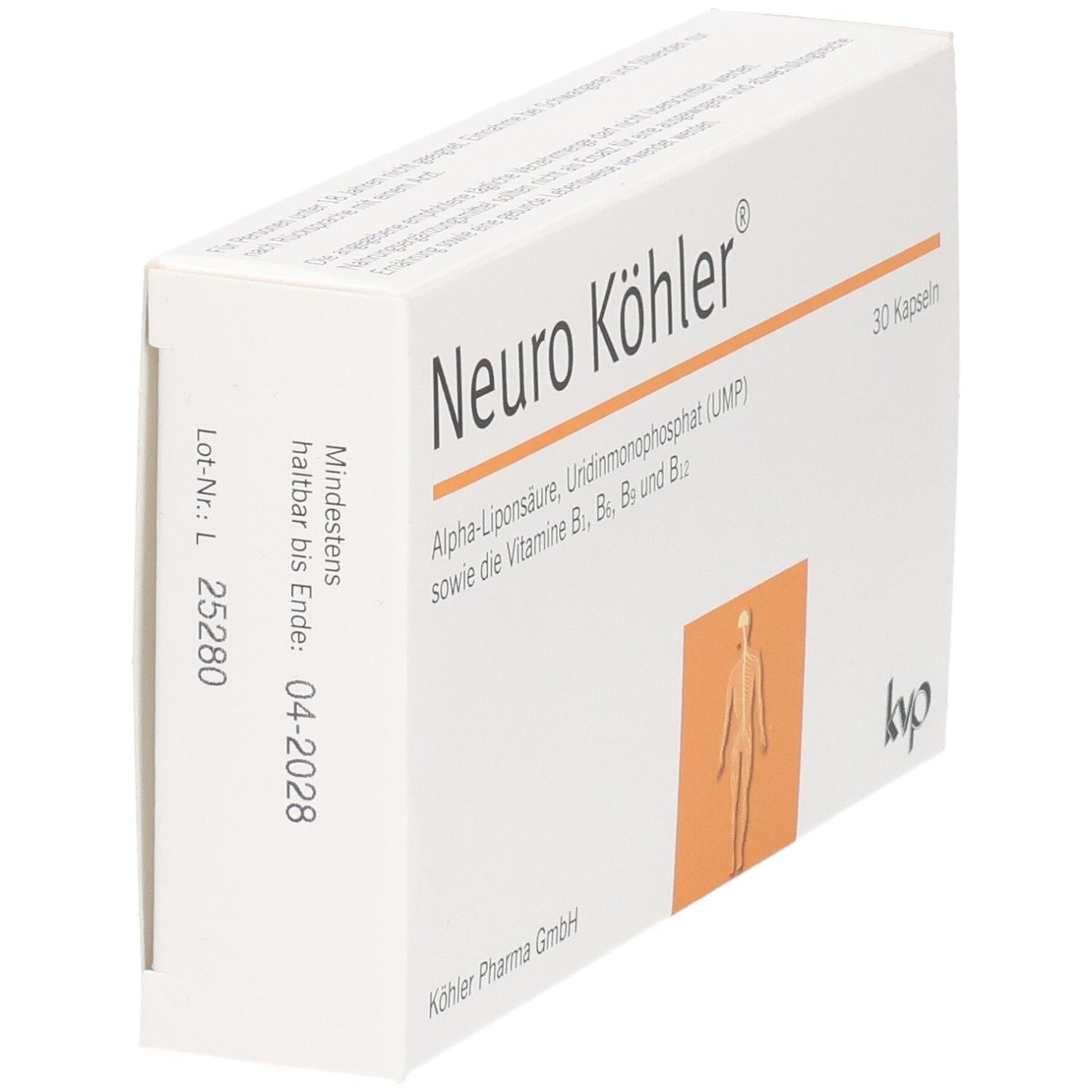 Schachtel Neuro Köhler, 30 Kapseln. Enthält Alpha-Liponsäure, UMP und Vitamine B. Haltbarkeit bis 04-2028.