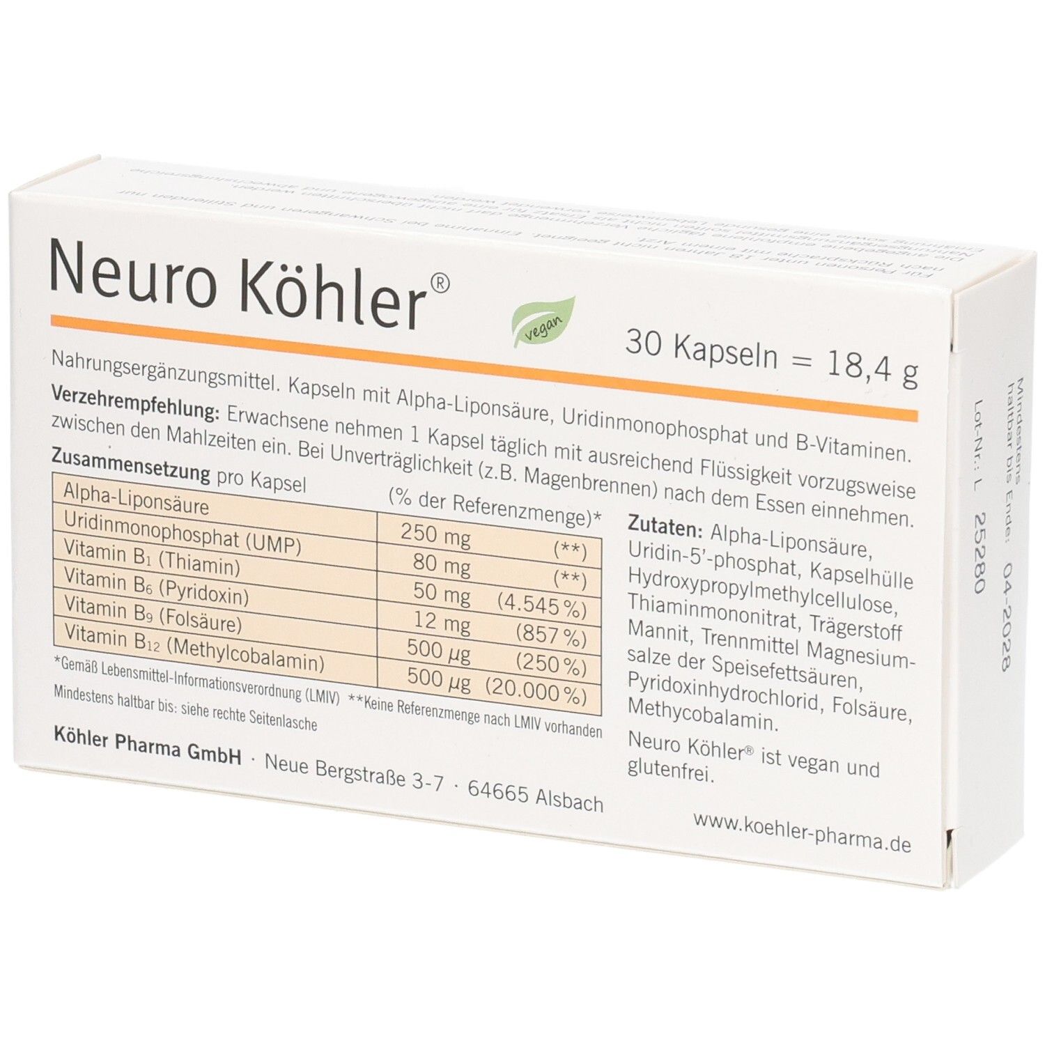 Schachtel Neuro Köhler, 30 Kapseln. Enthält Alpha-Liponsäure, UMP und B-Vitamine. Nährwertangaben und Zutaten.