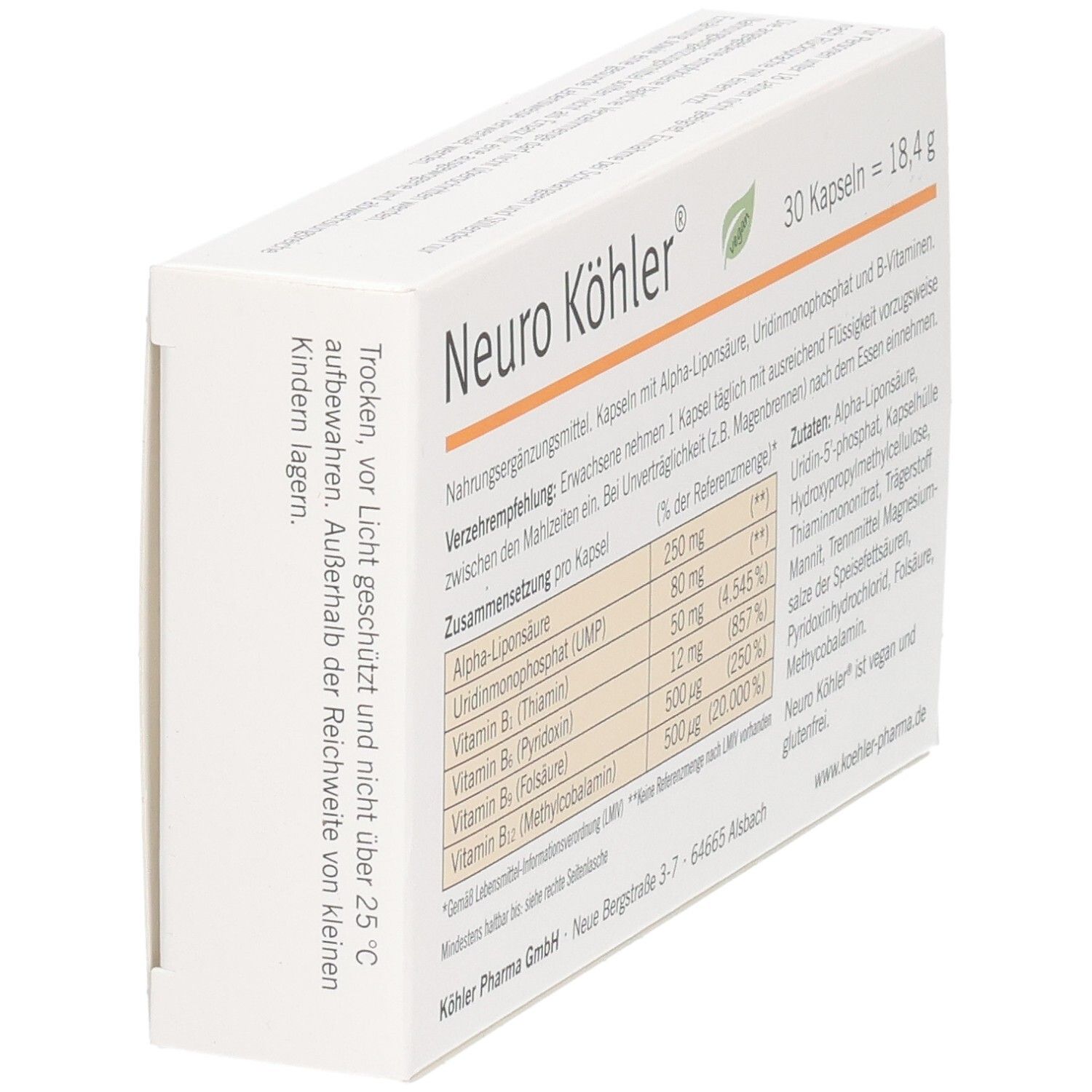 Schachtel Neuro Köhler, 30 Kapseln. Enthält Alpha-Liponsäure, UMP und B-Vitamine. Hinweise zur Aufbewahrung.