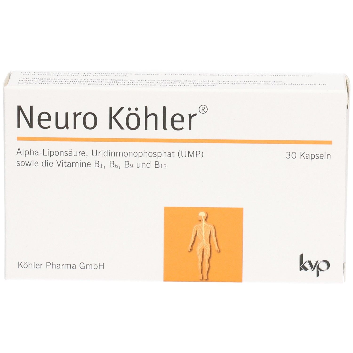 Weiße Schachtel mit Aufschrift Neuro Köhler, 30 Kapseln. Enthält Alpha-Liponsäure, UMP und Vitamine B. Menschliche Figur.