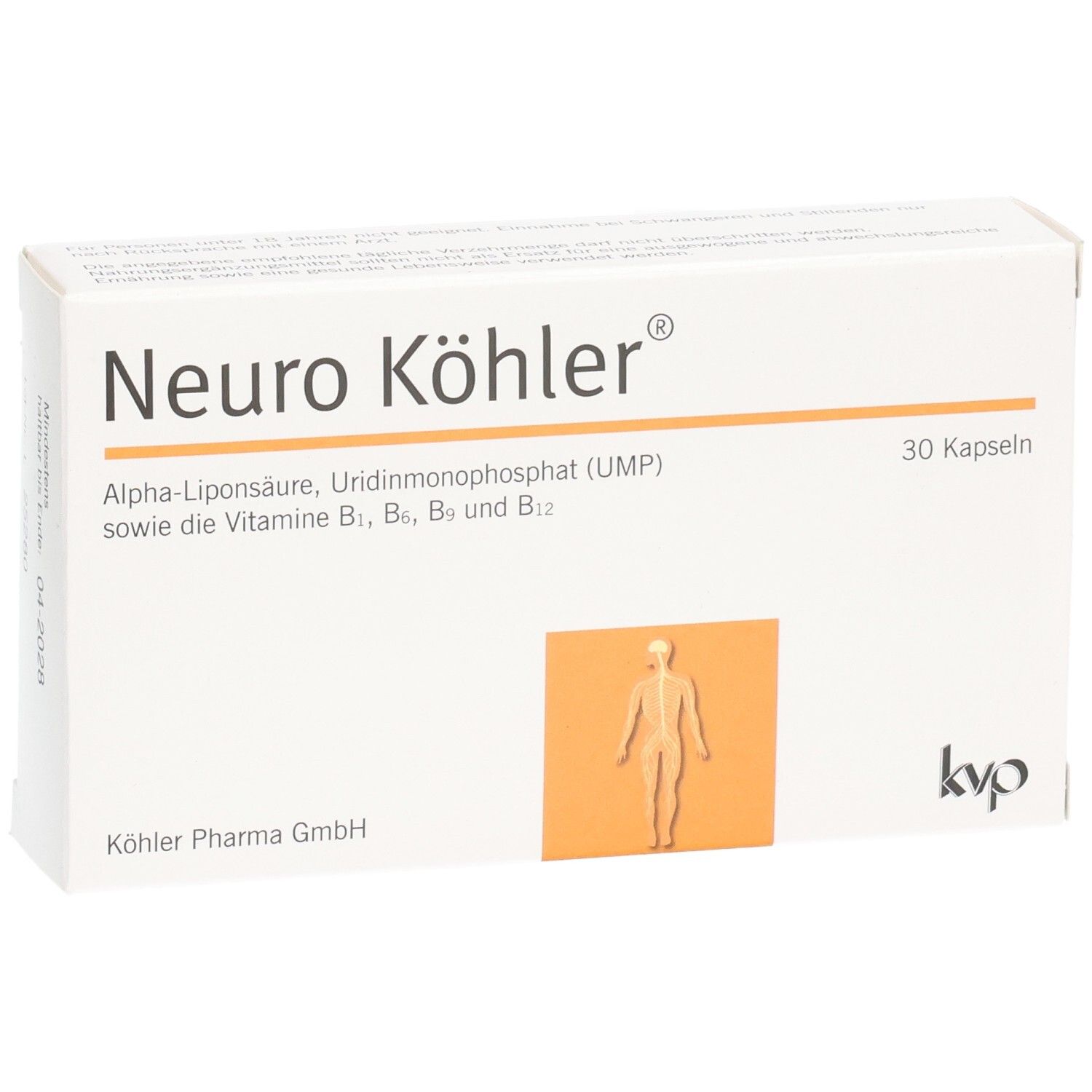 Weiße Schachtel mit Aufschrift Neuro Köhler, 30 Kapseln. Enthält Alpha-Liponsäure, UMP und Vitamine B. Menschliche Figur.