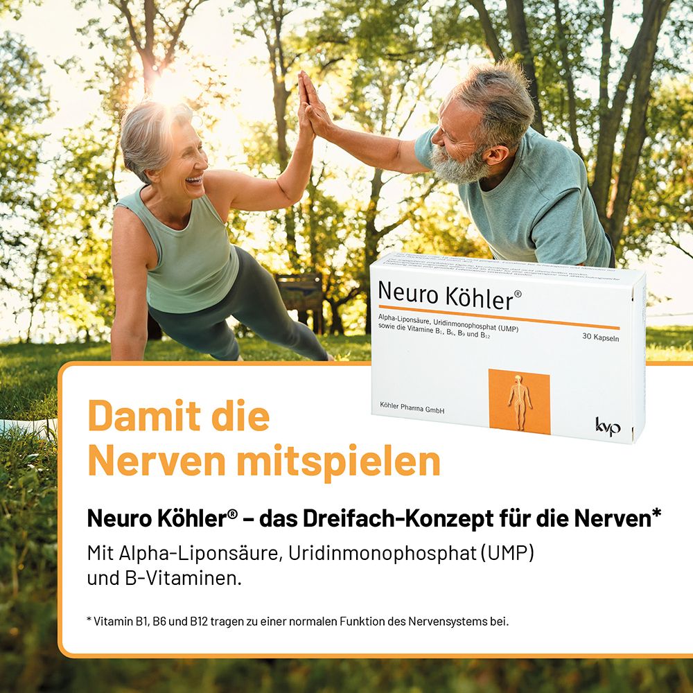 Verpackung Neuro Köhler Kapseln neben einem älteren Paar beim High-Five im Freien.