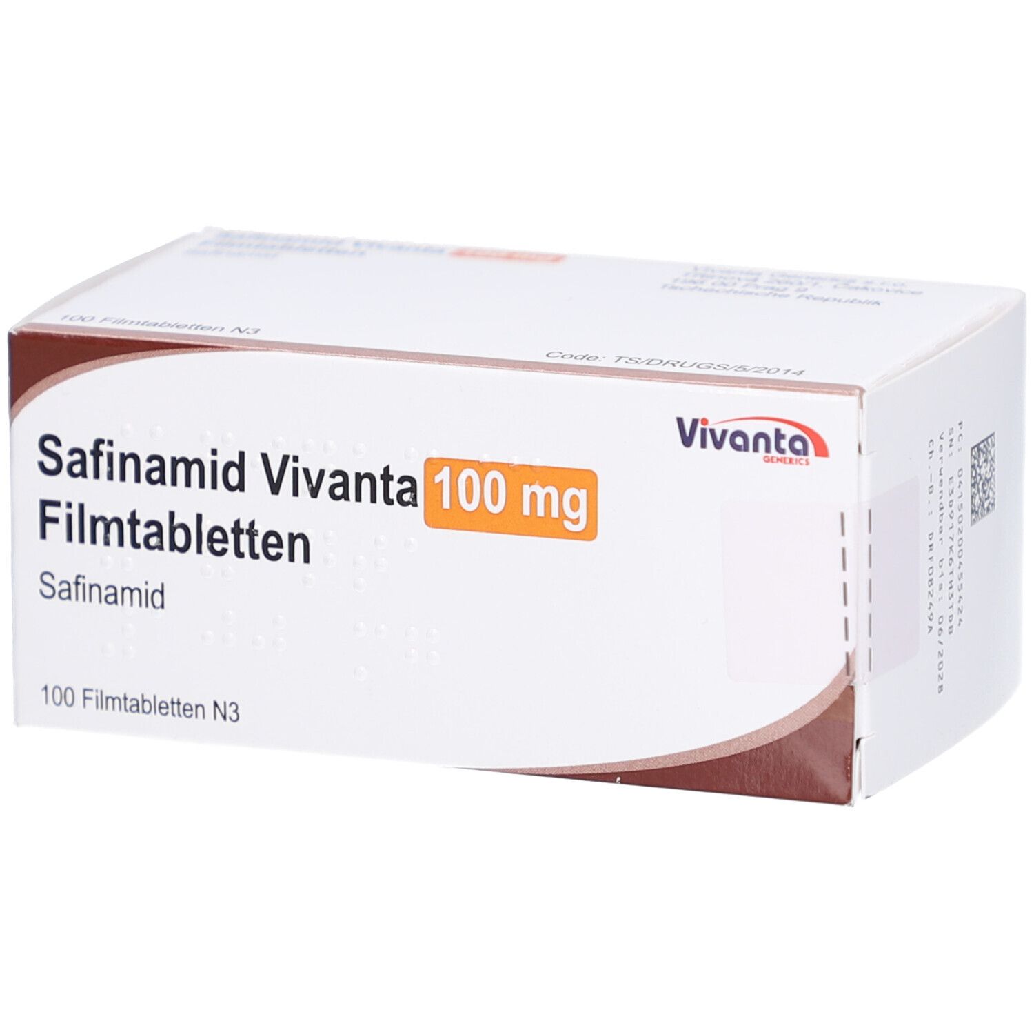 Schachtel mit Aufschrift Safinamid Vivanta 100 mg Filmtabletten. Orangefarbenes Feld mit 100 mg. Vivanta-Logo.