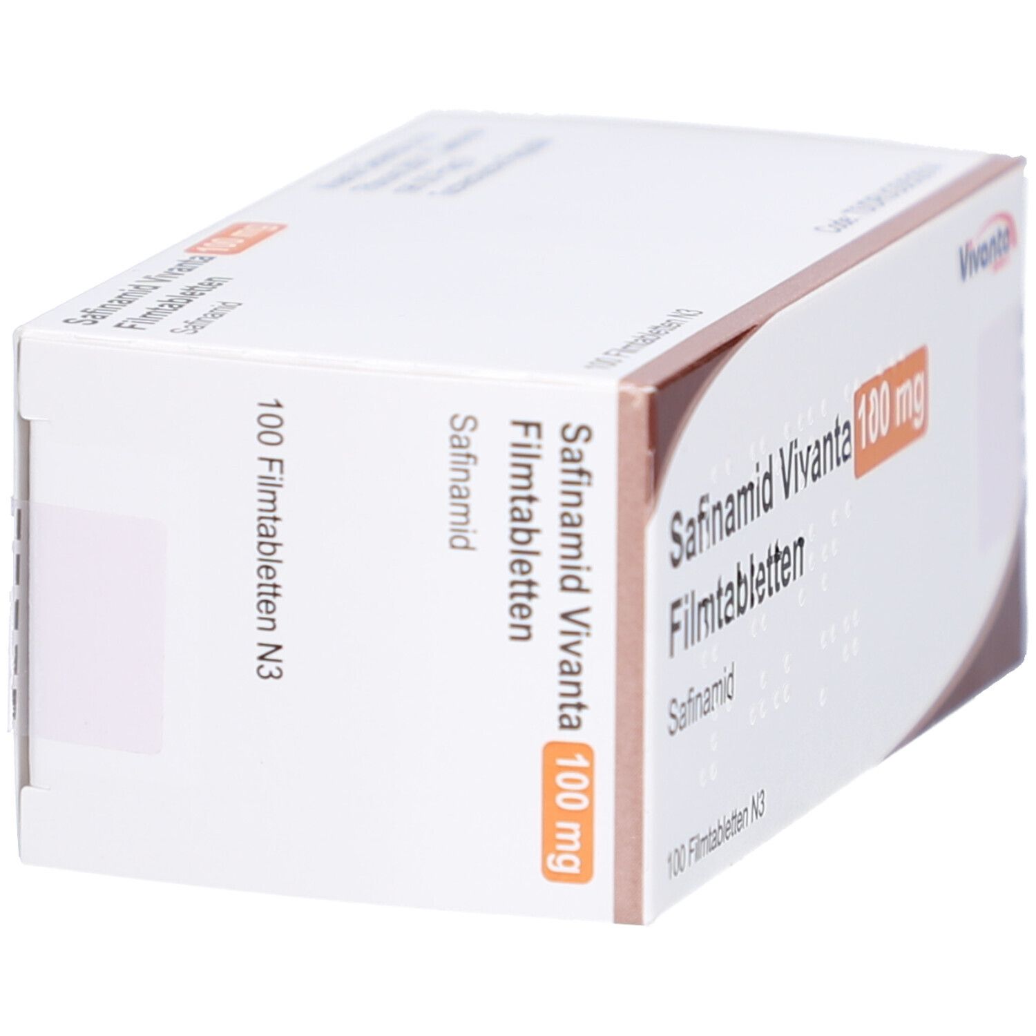 Schachtel Safinamid Vivanta 100 mg Filmtabletten. Seitenansicht. Orangefarbenes Feld mit 100 mg. Vivanta-Logo.