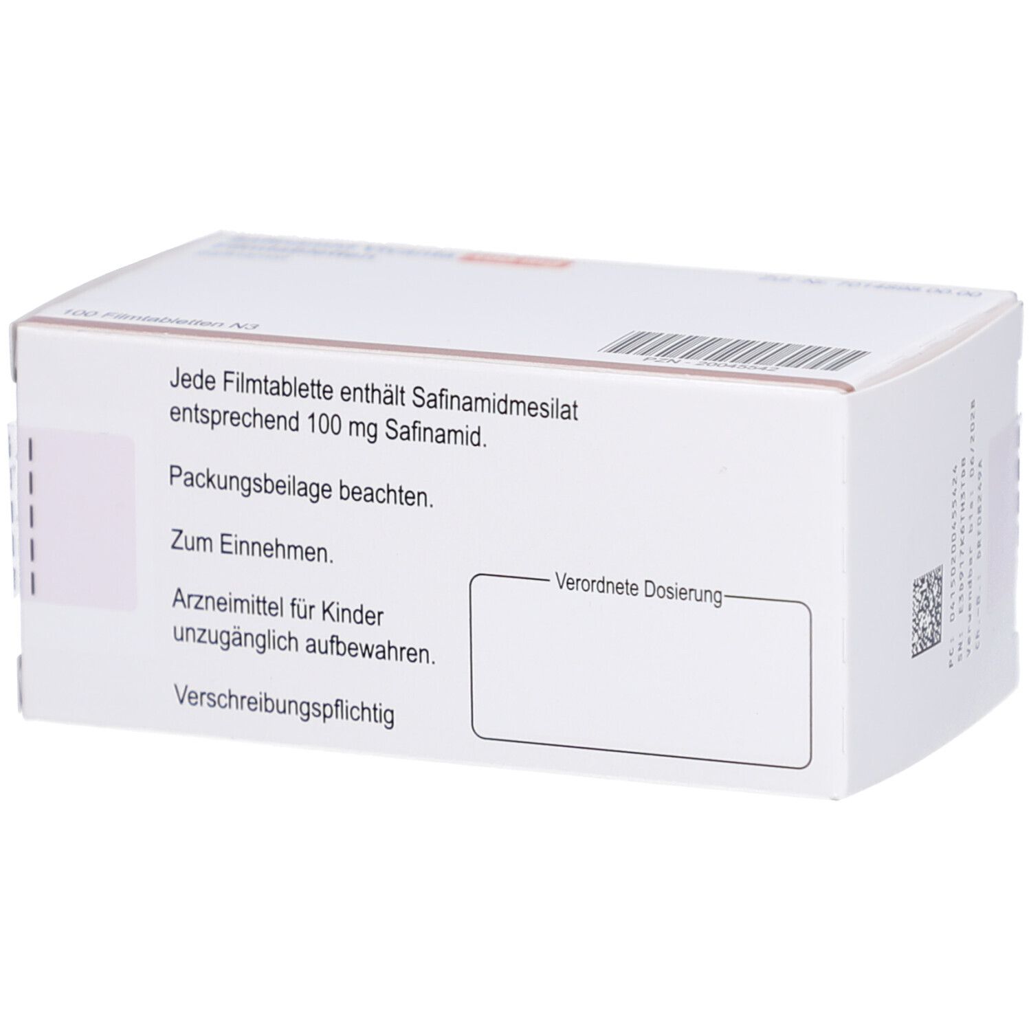 Rückseite der Schachtel. Text: Jede Filmtablette enthält Safinamidmesilat entsprechend 100 mg Safinamid. Textfeld.