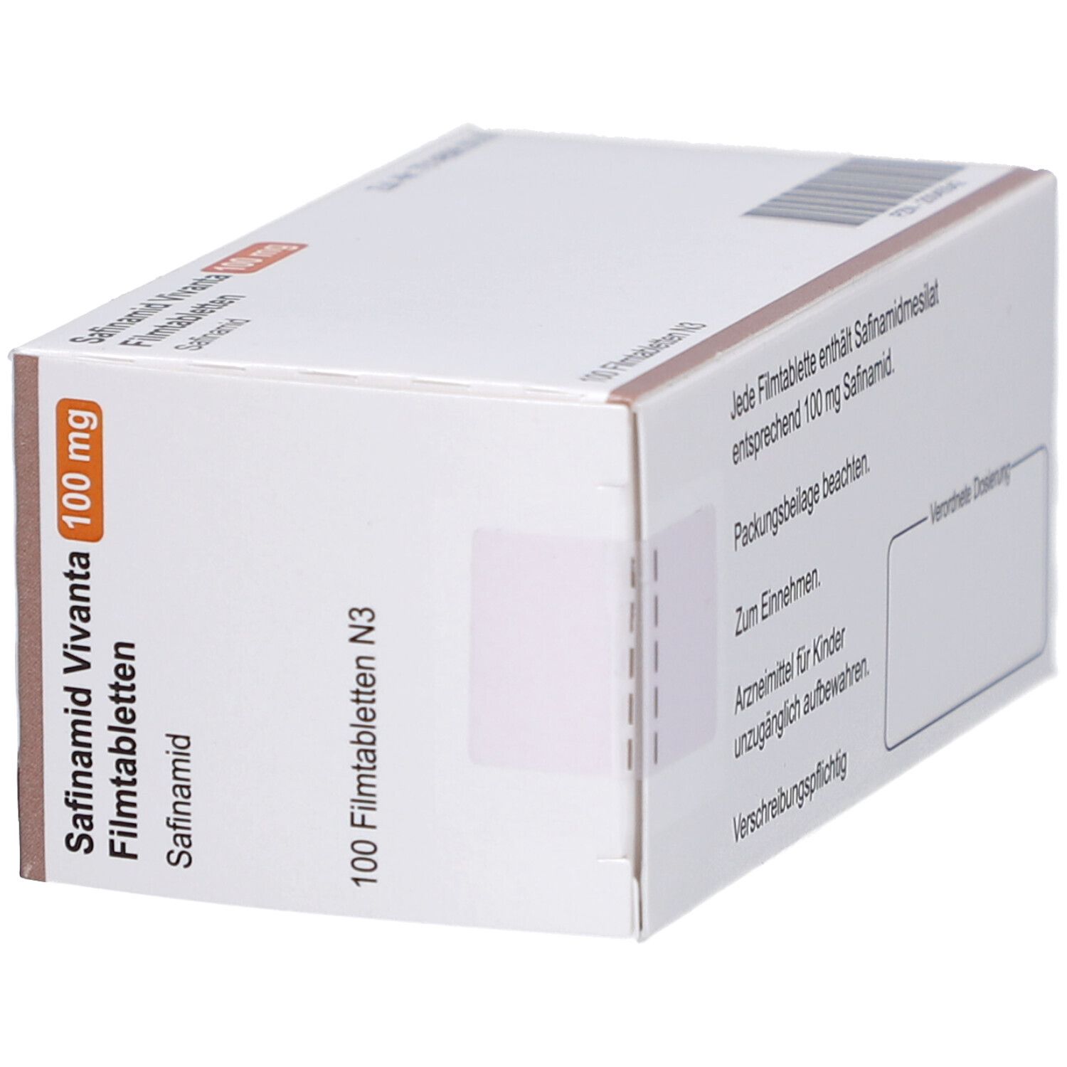 Schachtel Safinamid Vivanta 100 mg Filmtabletten. Orangefarbenes Feld mit 100 mg. Vivanta-Logo. Seitenansicht.