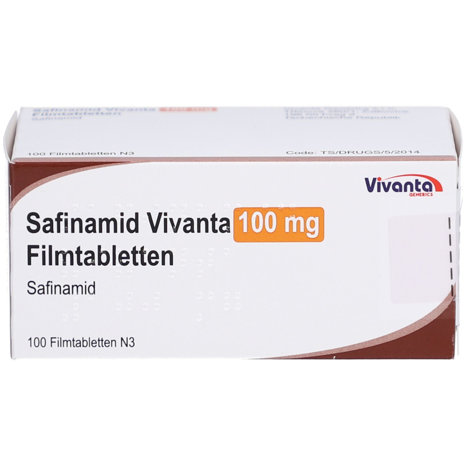 Schachtel mit Aufschrift Safinamid Vivanta 100 mg Filmtabletten. Orangefarbenes Feld mit 100 mg. Vivanta-Logo.