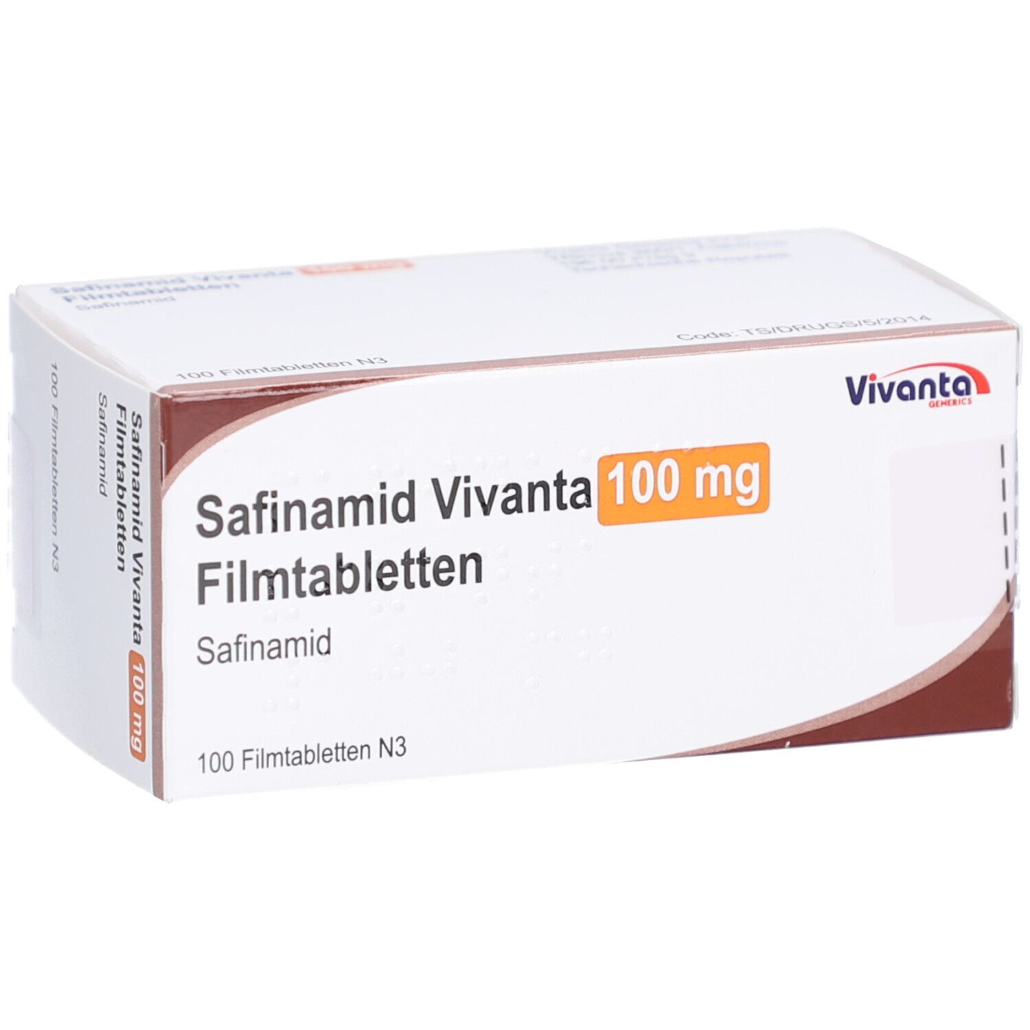 Schachtel mit Aufschrift Safinamid Vivanta 100 mg Filmtabletten. Orangefarbenes Feld mit 100 mg. Vivanta-Logo.