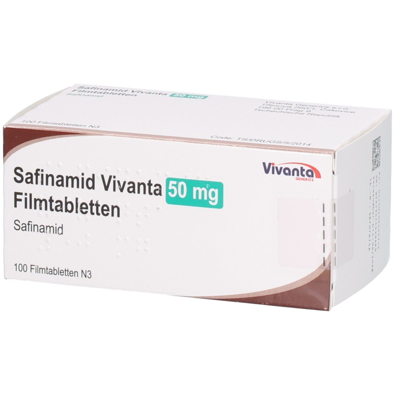 Schachtel mit Aufschrift Safinamid Vivanta 50 mg Filmtabletten. Grün markiert. Vivanta Logo. 100 Filmtabletten N3.