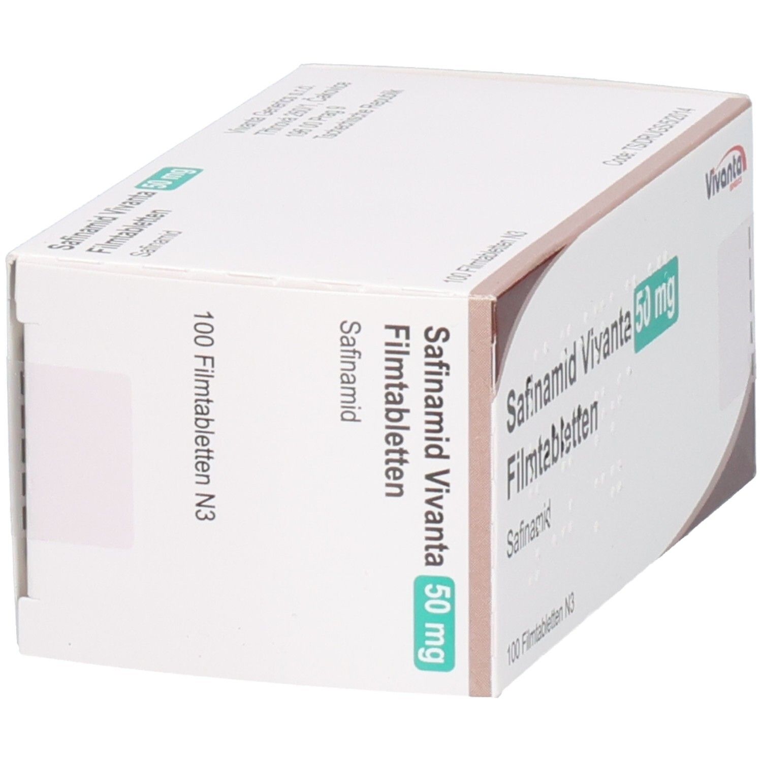 Schachtel Safinamid Vivanta 50 mg Filmtabletten. Aufschrift und Logo Vivanta. 100 Filmtabletten N3.