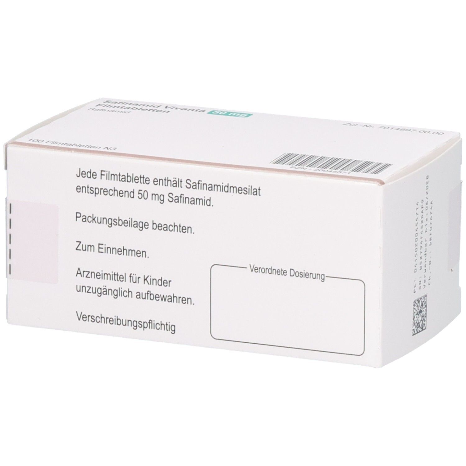 Rückseite der Schachtel mit Text. Enthält 50 mg Safinamid. Packungsbeilage beachten. Verschreibungspflichtig.