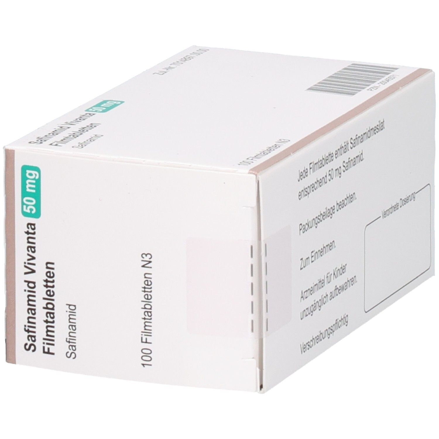Schachtel Safinamid Vivanta 50 mg Filmtabletten. Aufschrift und Logo Vivanta. 100 Filmtabletten N3.