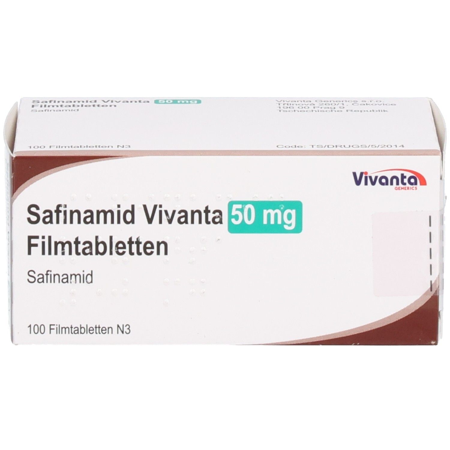 Schachtel mit Aufschrift Safinamid Vivanta 50 mg Filmtabletten. Grün markiert. Vivanta Logo. 100 Filmtabletten N3.