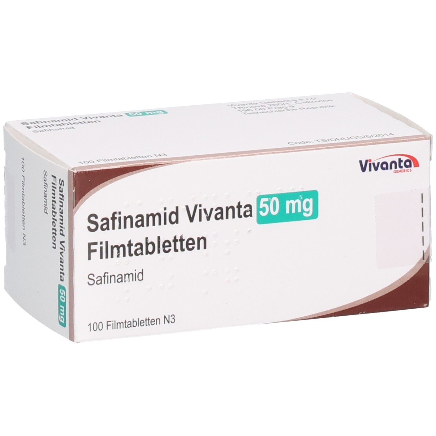 Schachtel mit Aufschrift Safinamid Vivanta 50 mg Filmtabletten. Grün markiert. Vivanta Logo. 100 Filmtabletten N3.