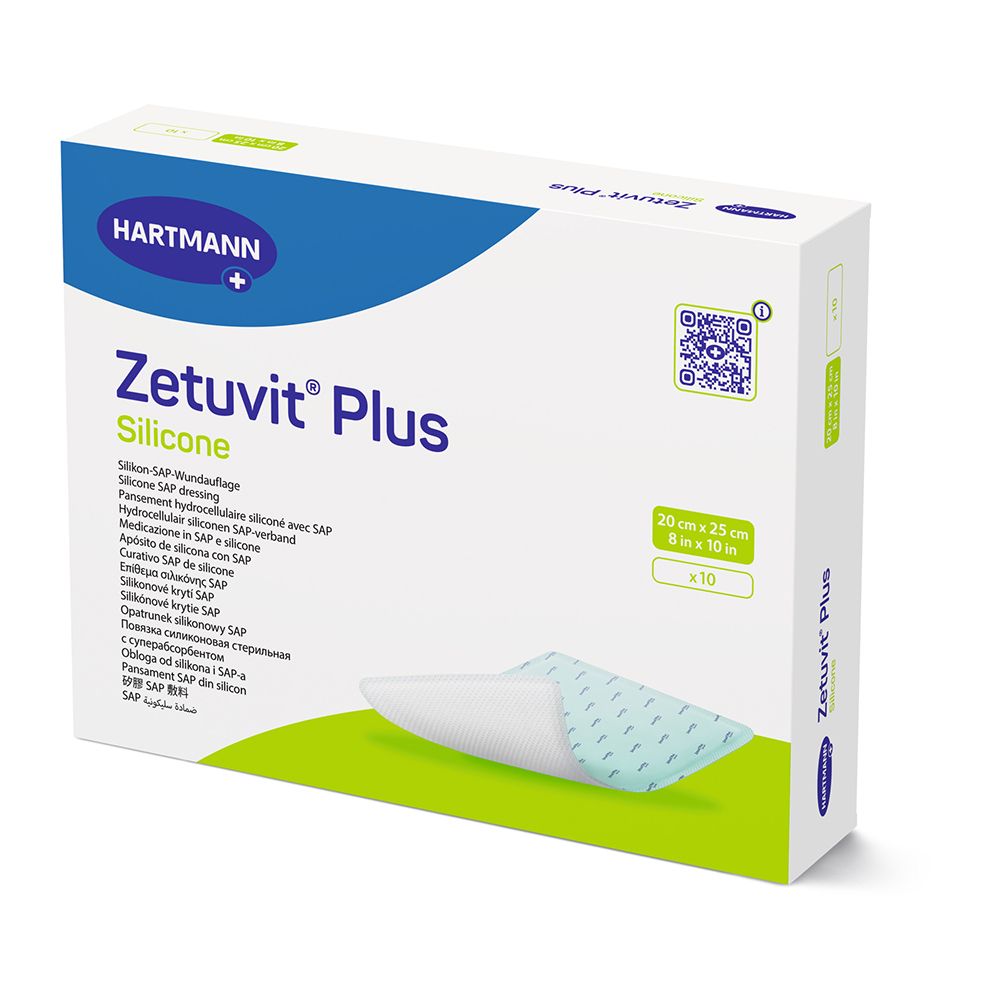 Verpackung Zetuvit Plus Silicone Wundauflage, 20x25 cm, 10 Stück.
