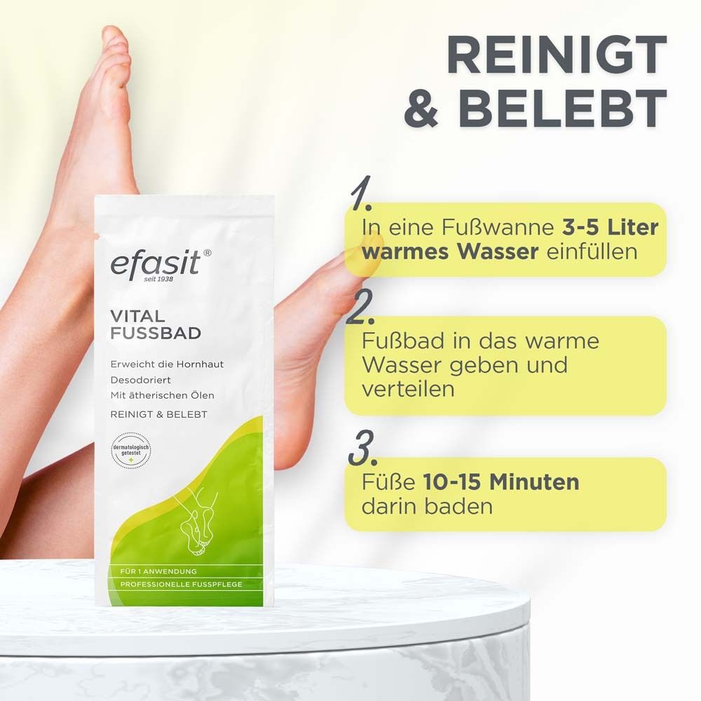 Anwendung efasit® Vital Fußbad: Fußbad in warmem Wasser vorbereiten, Füße 10-15 Minuten darin baden.