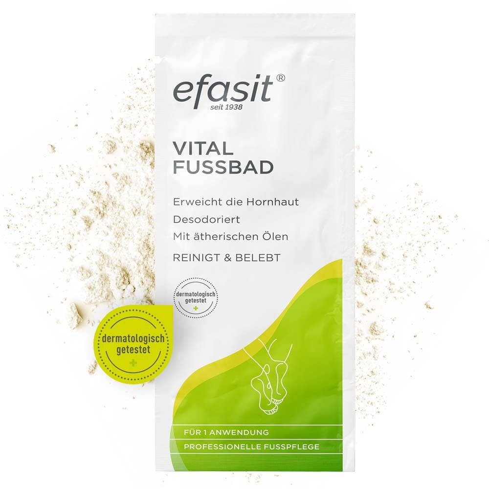 efasit® Vital Fußbad Verpackung mit dem Siegel 'dermatologisch getestet'. Pulverförmiges Produkt für ein Fußbad.