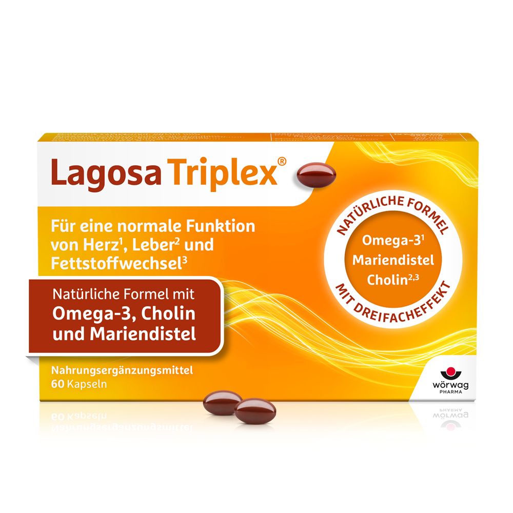 Lagosa Triplex® Packung. Enthält 60 Kapseln. Aufschrift: Omega-3, Cholin, Mariendistel. Natürliche Formel.