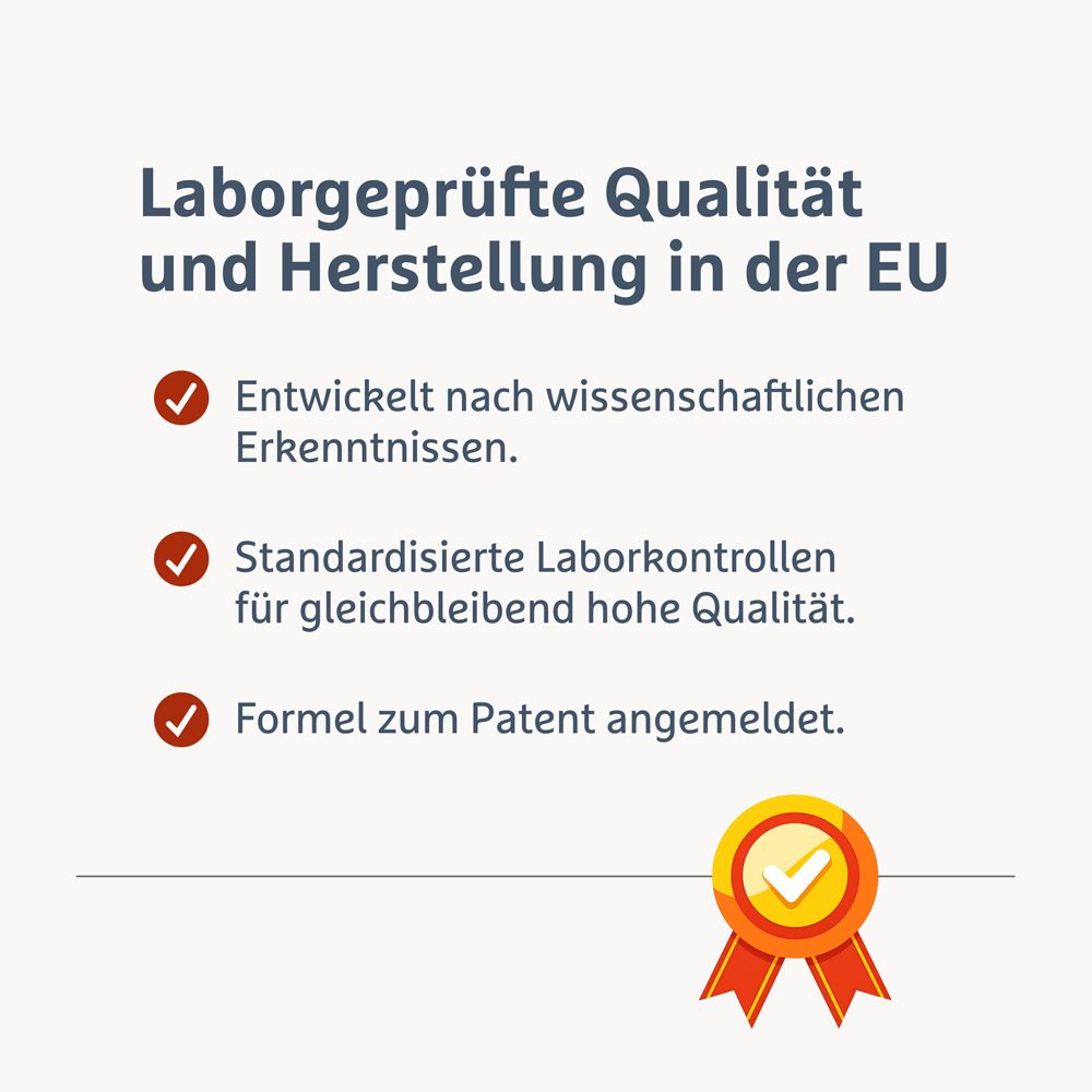 Qualitätssiegel. Text: Laborgeprüfte Qualität und Herstellung in der EU. Formel zum Patent angemeldet.