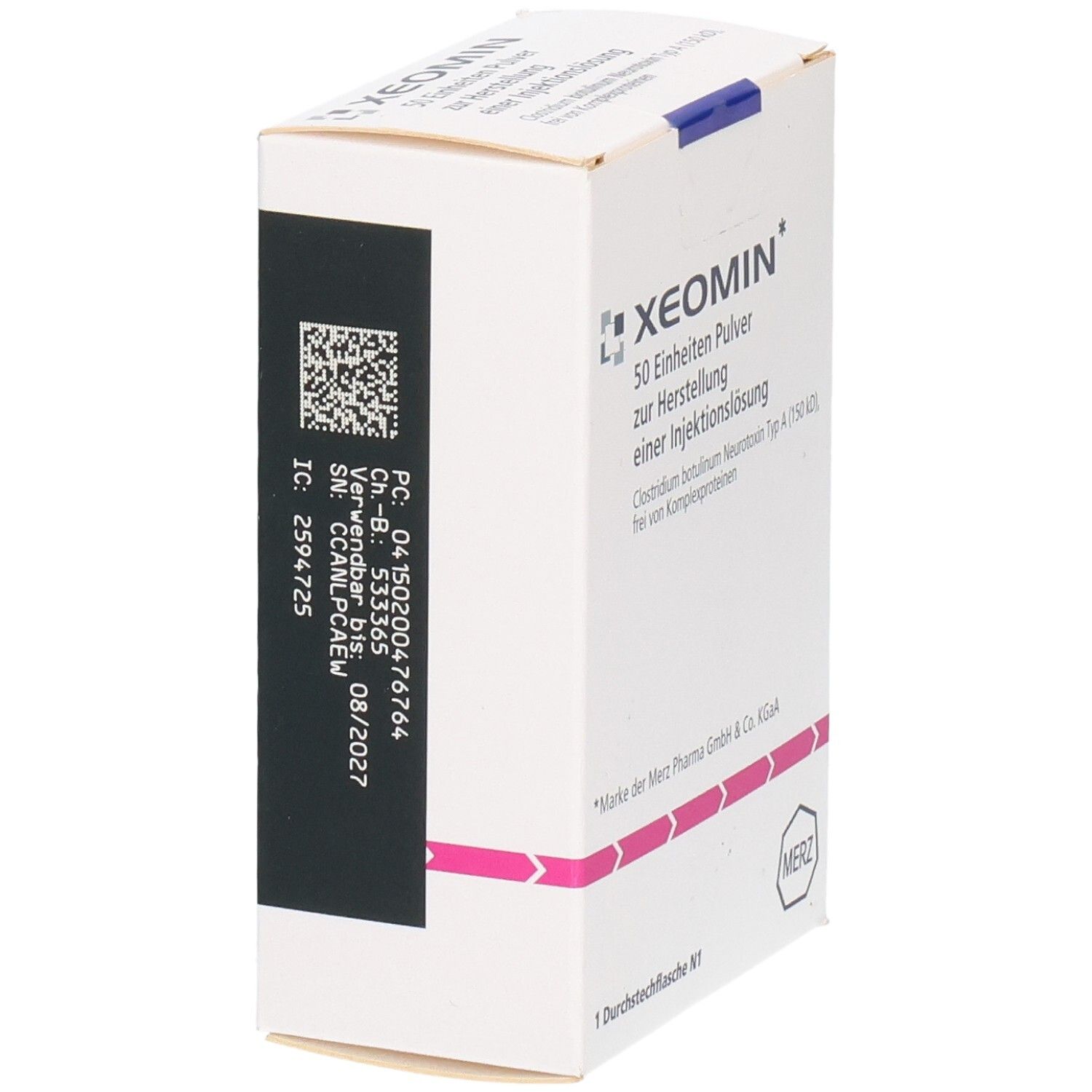 Rückseite der XEOMIN 50 Einheiten Packung mit Chargennummer und Verfallsdatum.