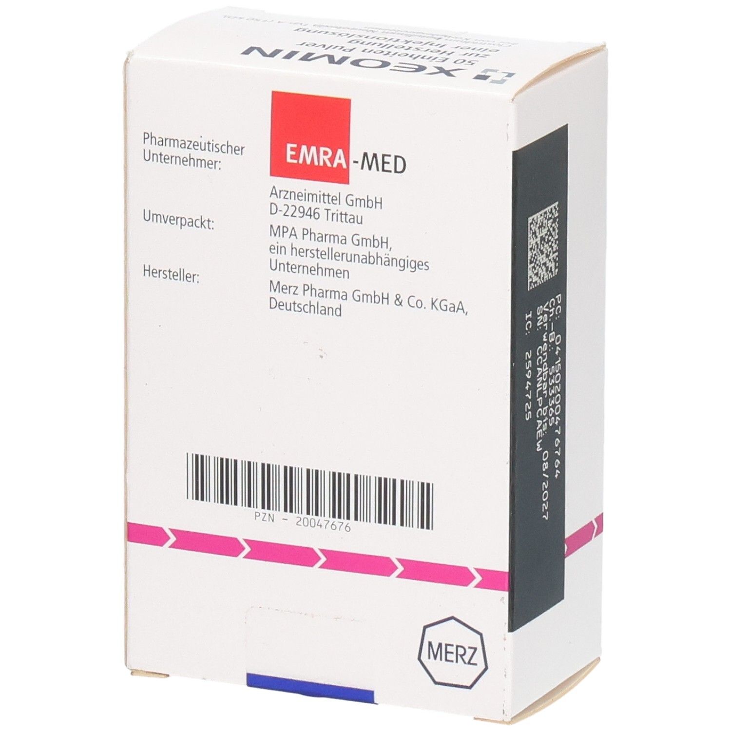 Seitenansicht der XEOMIN 50 Einheiten Packung mit Herstellerinformationen und Barcode.