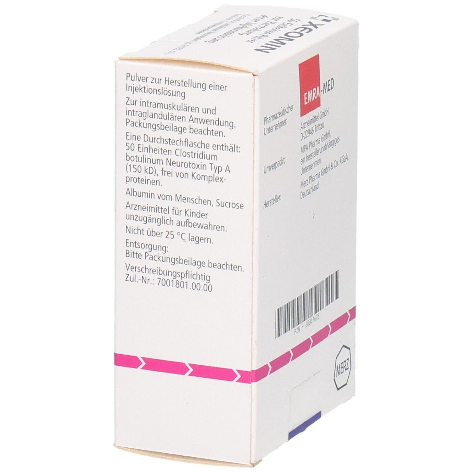Seitenansicht der XEOMIN 50 Einheiten Packung mit Anwendungshinweisen und Inhaltsstoffen.
