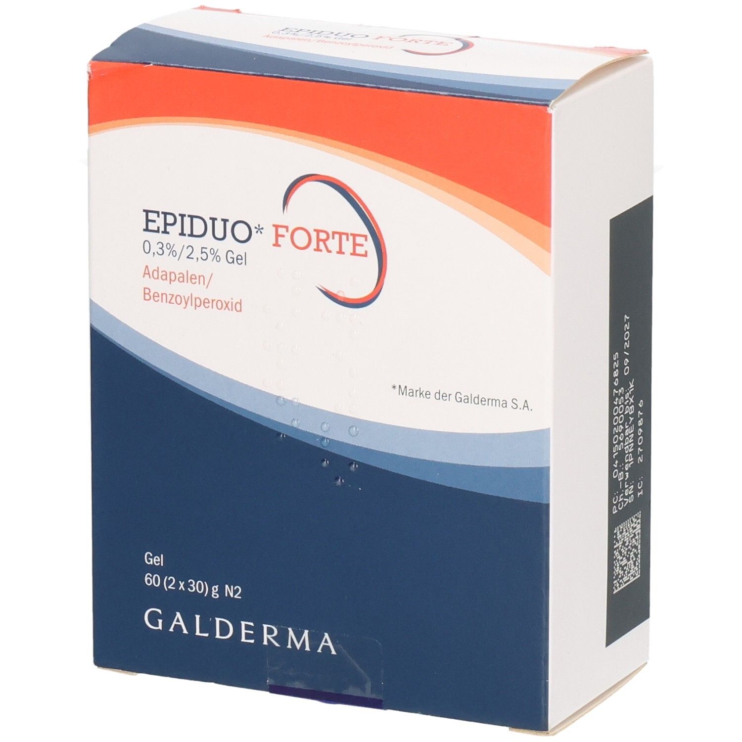 Karton von EPIDUO Forte Gel. Blaue, weiße und rote Farben. Text: EPIDUO* FORTE, 0,3%/2,5% Gel, Galderma.